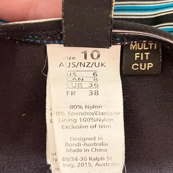 Bond-Eye Australia Size 6 One Piece Blue and Black Striped Padded Cups … - Picture 5 of 6